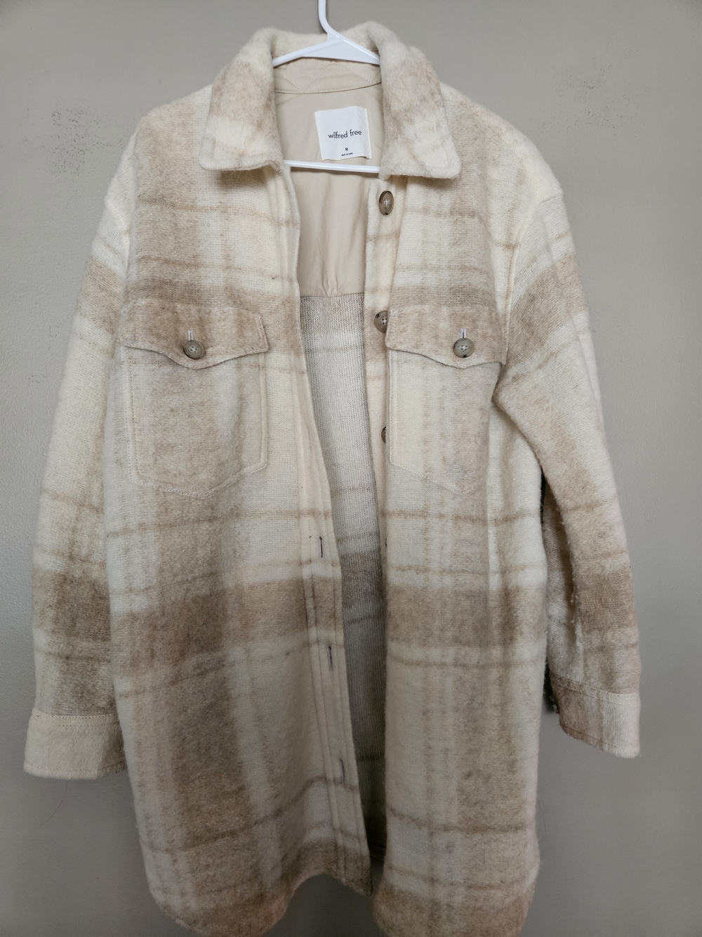 Wilfred Ganna Cream Plaid Wool-Blend Shacket